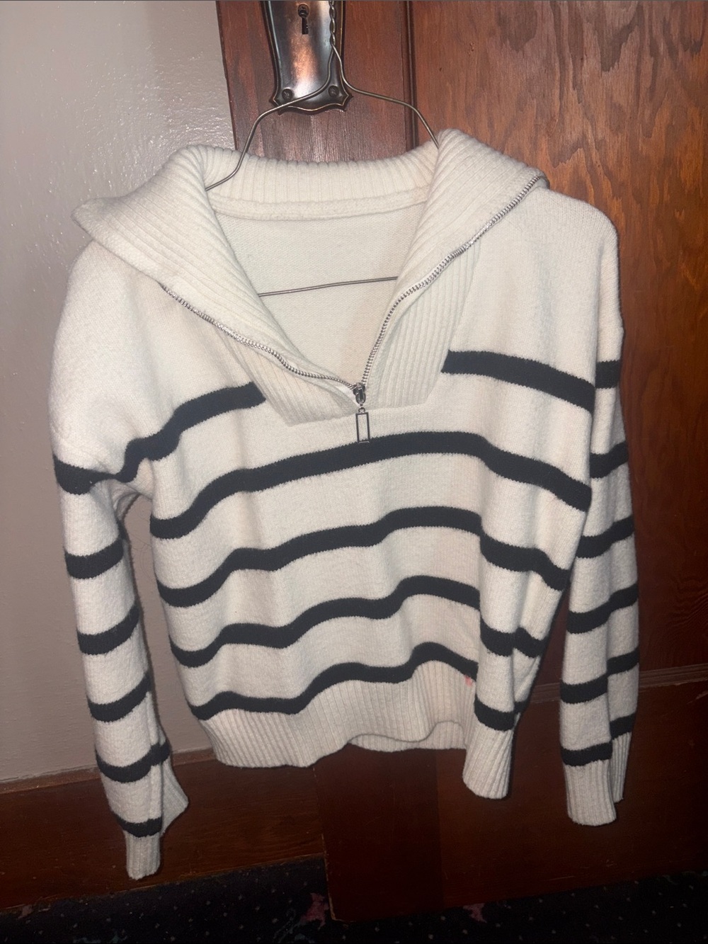 Striped Half-Zip Sweater Pullover - White with Black Stripes